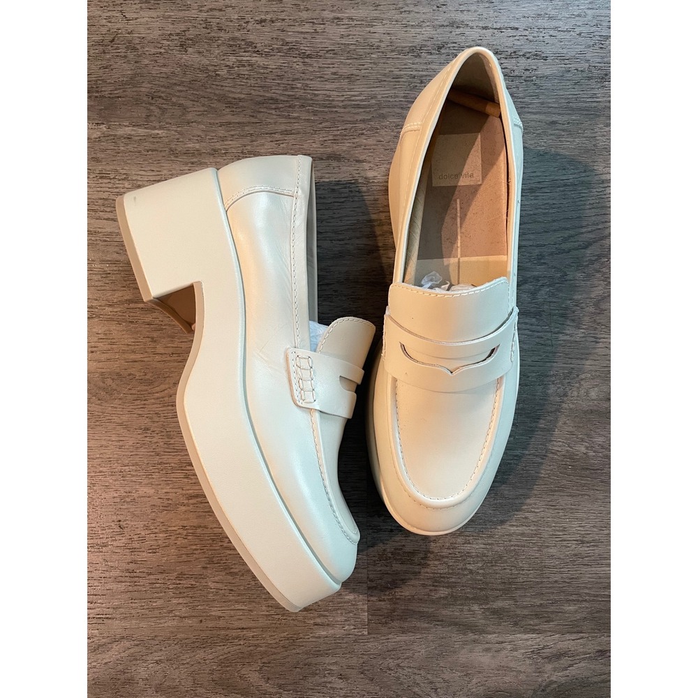 Dolce Vita Womens Ivory Leather Platform Loafer Heels Shoes‎ Size 8.5
